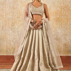 Light Silver Silk Lehenga with gold Zari Embroidery for Indian Wedding/Sangeet